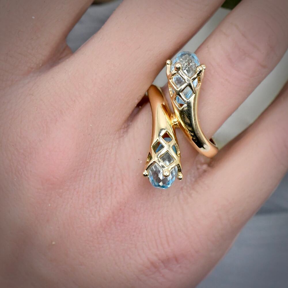 Vintage 14k Gold Blue Topaz Bypass Ring Heavy Retro Pear Cocktail Size 7
